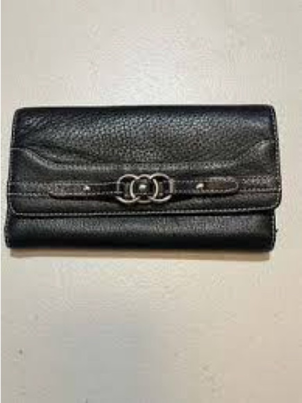 Black Leather Fold-Over Wallet with Interlocking Silver Accent